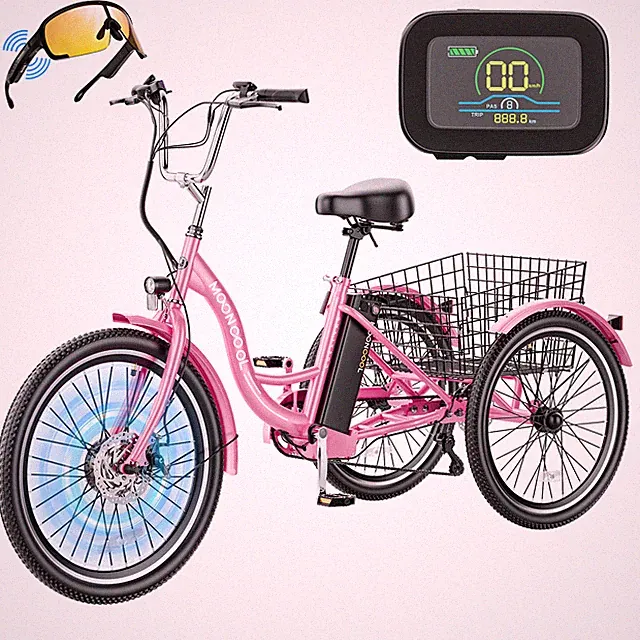 MOONCOOL 24 inch Pink 7 Speeds Electric Trike for Woman Female Tricycle 350W