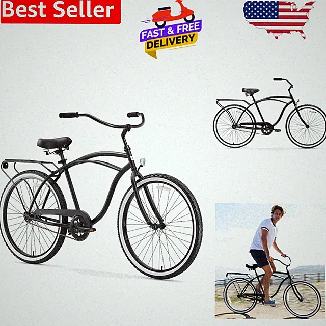 Sleek 26" Beach Cruiser for Men - Matte Black Hybrid Bike with Rear Rack